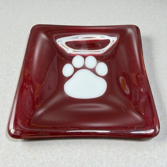 Hand Made Red Fused Art Glass Square Trinket Dish Plate White Dog Paw Vintage - Picture 1 of 13
